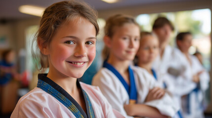 Fototapeta premium Taekwondo girls and boys posing with trainer torsos and belts shown expressions out dojo defocused youth sports martial arts team faceless background defocused discipline