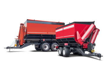 Two large, isolated agricultural trailers designed for transporting grains and other materials. They are positioned on a white background, showcasing their strong build.
