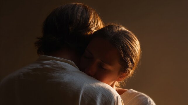 A tender embrace shares whispered solace, casting shadows of vulnerability, echoing World Hug Day and Anam Cara spirit