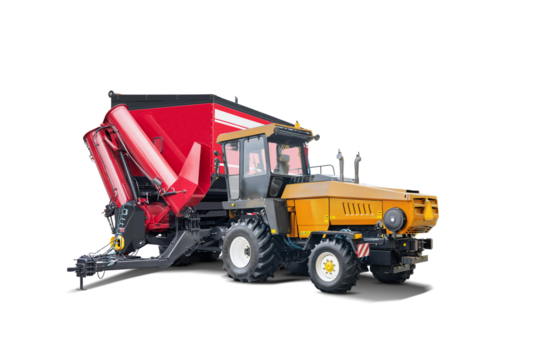 Powerful yellow tractor equipped with a red attachment stands isolated, showcasing its robust design for agricultural tasks in a farm setting.