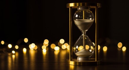 Hourglass with sand flowing against a dark background with bokeh lights.