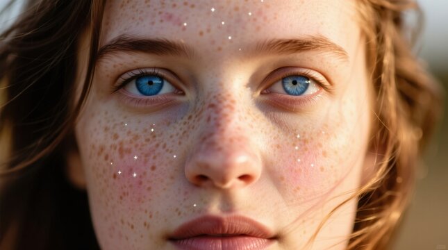 Radiant beauty captured in the soft glow of sunlight, highlighting natural freckles and vibrant blue eyes