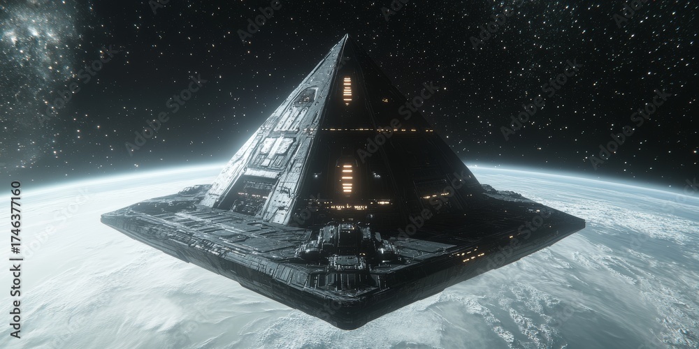 Canvas Prints pyramid shaped space station is floating in space. the pyramid is surrounded by a white background. 