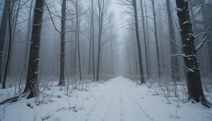 Fototapeta premium A foggy winter woodland with thick snow blanketing the ground