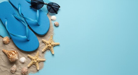 Blue flip flops sunglasses starfish and shells on sand against a blue background.