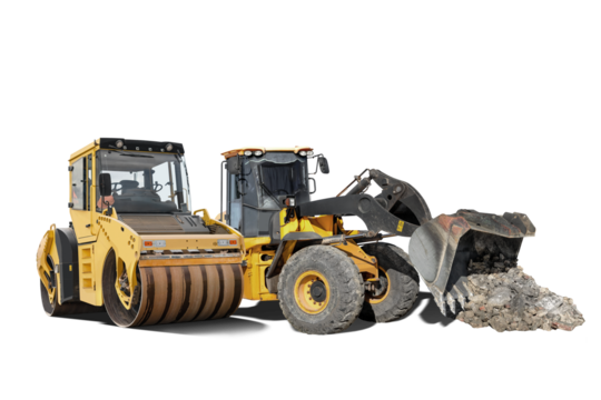 Two large construction machines, a wheel loader and a road roller, are positioned together in an isolated area. They are built for heavy-duty tasks.