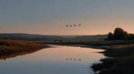 Tranquil river at dawn with silhouetted birds fleet, evoking Samhain tranquility and ancient migratory whispers across marshlands