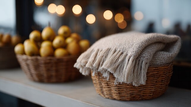 Cozy blanket in woven basket beside pears, embracing Hygge vibes, perfect for Mabon harvest celebrations and autumn warmth