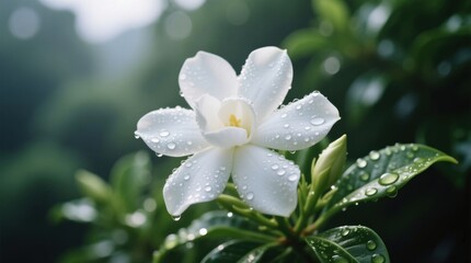  a white gardenia flower with water droplets on it, surrounded by lush green leaves The background is slightly blurred, giving the flower a soft and dreamy look