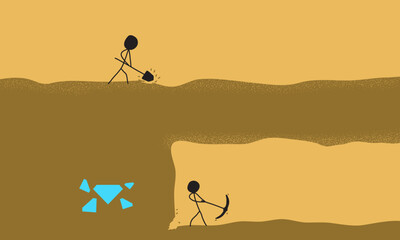 Illustration of Two People Digging the Ground from Different Directions to Find Diamonds