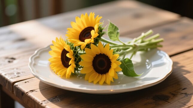  a wooden table with a white plate on top of it, containing three sunflowers with their stems and leaves The background is slightly blurred, giving the image a drea