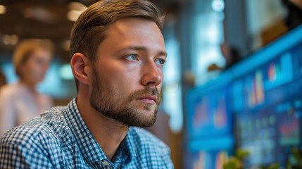 Obraz premium Businessman near interactive board explaining statistics team in soft blur crop below eyes analytics briefing faceless background defocused data storytelling leadership corp