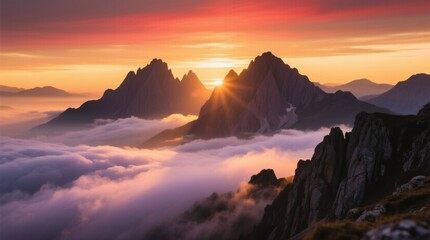 Obraz premium Sunrise over majestic mountain peaks, piercing through the clouds with golden light