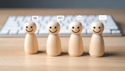 wooden figurines with speech bubbles showing digital communication icons on desk