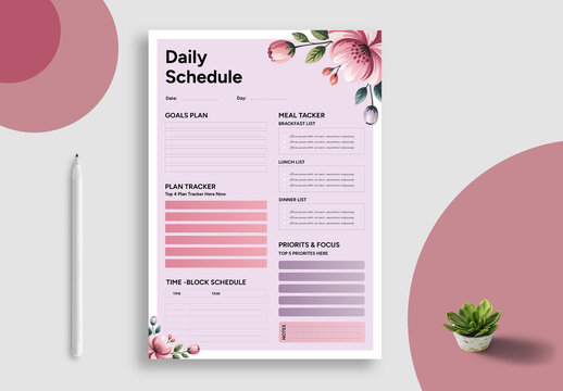 Floral Daily Schedule Planner Template Layout