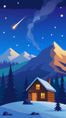 Fototapeta premium Cabin under starry night with mountains and comet