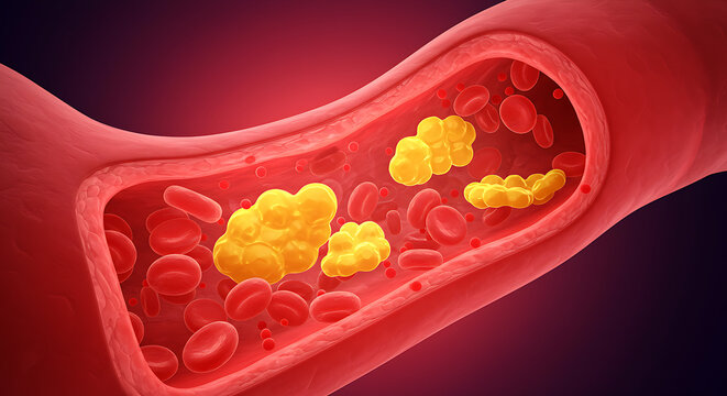 Cholesterol Buildup in Artery with Red Blood Cells &ndash; Atherosclerosis, Heart Disease Concept red blood cells flowing through vein, Medical illustration of atherosclerosis showing cholesterol , high res