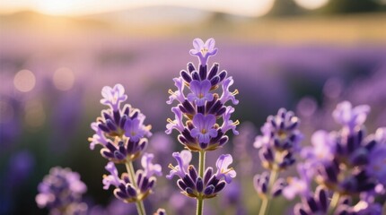 Obraz premium a field of lavender flowers with the sun setting in the background, creating a beautiful and peaceful atmosphere The flowers are a deep purple color, and the backg