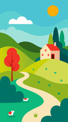 Naklejka premium Illustration of a house on a hill with sheep and path