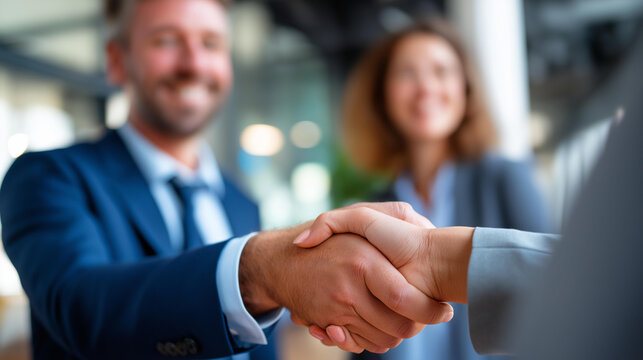 Businessman shaking hands with female executive in atrium colleagues smiling in blur crop above lips handshake success faceless background defocused leadership partnership - Powered by Adobe