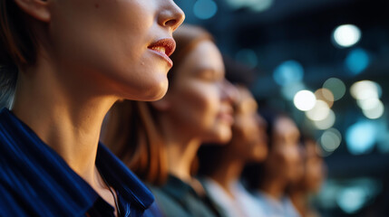 Leader standing with gender balanced team behind all cropped at mouth level backdrop intentionally defocused inclusive leadership diverse team faceless group corporate