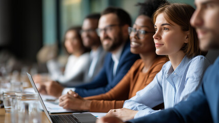 Fototapeta premium Chief seated with interracial coworkers for briefing documents and laptops central faces cropped background defocused executive briefing faceless background defocused