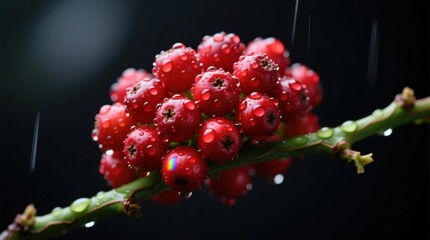 Fototapeta premium Glistening red berries adorned with raindrops, showcasing nature's vibrant beauty
