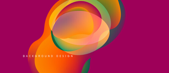 Abstract fluid shapes overlap, creating vibrant color gradients. Pink background complements orange, yellow hues. Modern design element.