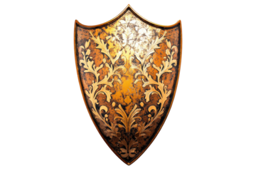 Ornate medieval knight shield with golden embellishments isolated on transparent background. Golden metal shield isolated on white background.