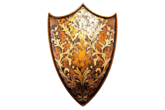 Ornate medieval knight shield with golden embellishments isolated on transparent background. Golden metal shield isolated on white background.