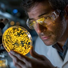 Realistic photo of a scientist analyzing bacteria culture in a petri dish under laboratory light with focus on sample and hands.