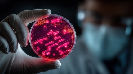 Realistic photo of a scientist analyzing bacteria culture in a petri dish under laboratory light with focus on sample and hands.