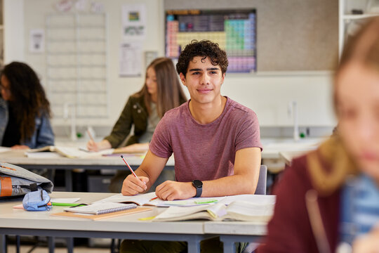 Confident teen learning at high school during lesson