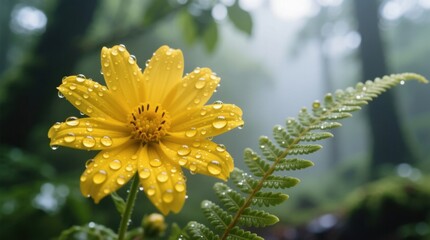 A vibrant yellow flower with dewdrops glistens amidst lush green foliage, symbolizing freshness and renewal in nature's embrace