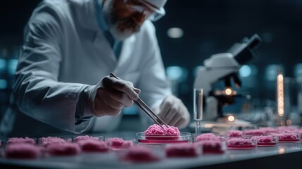 Realistic photo of a scientist analyzing bacteria culture in a petri dish under laboratory light with focus on sample and hands.