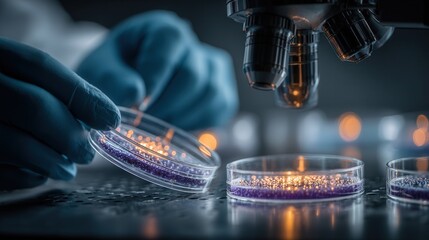 Realistic photo of a scientist analyzing bacteria culture in a petri dish under laboratory light with focus on sample and hands.