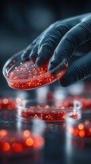 Realistic photo of a scientist analyzing bacteria culture in a petri dish under laboratory light with focus on sample and hands.