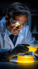 Realistic photo of a scientist analyzing bacteria culture in a petri dish under laboratory light with focus on sample and hands.