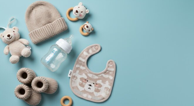 Baby items including bottle bib hat teddy bear and booties on blue background. - Powered by Adobe
