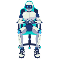 Fototapeta premium Futuristic humanoid robot sitting on a gaming chair and playing video games with a game controller. Modern AI cyborg gamer concept, technology, virtual reality, and esports illustration in flat vector