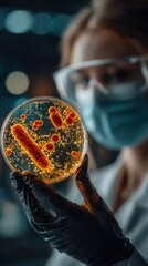 Realistic photo of a scientist analyzing bacteria culture in a petri dish under laboratory light with focus on sample and hands.