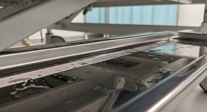 Close-up of a reflective surface with metal frames and blurred background.