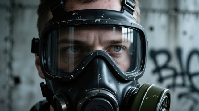  a man wearing a gas mask standing in front of a wall with graffiti on it The background is slightly blurred, giving the image a sense of depth