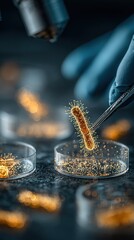 Realistic photo of a scientist analyzing bacteria culture in a petri dish under laboratory light with focus on sample and hands.