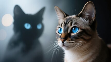 Obraz premium Mesmerizing Blue-Eyed Cat with a Mysterious Silhouette Behind, Capturing the Essence of Enigma and Beauty