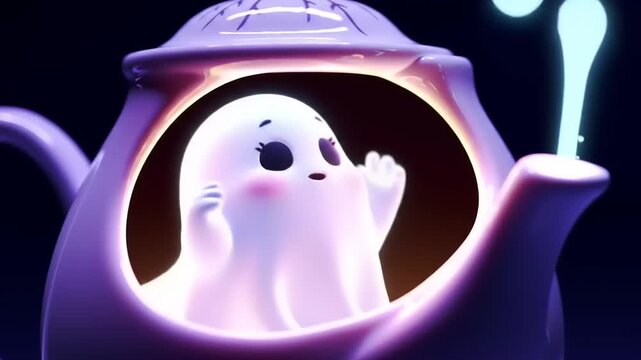 Cute ghost peeks out from a purple teapot in a dimly lit room, creating a whimsical and spooky atmosphere.