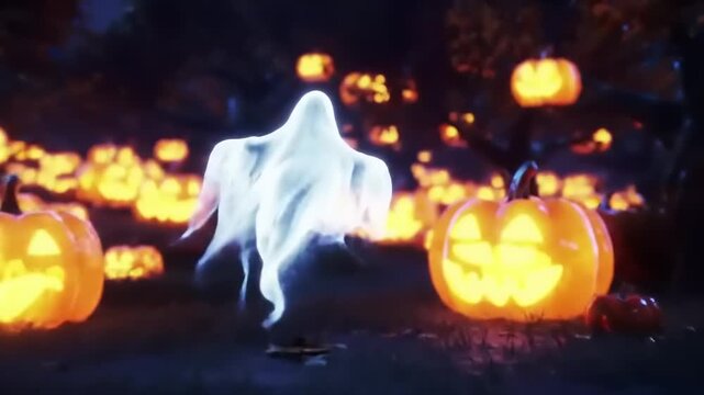 Ghostly apparition floats among glowing jacko'lanterns in a spooky halloween scene at night, creating an eerie and festive atmosphere.