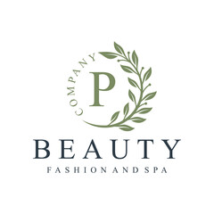 Initial letter p green leaves natural organic logo design for to beauty fashion and spa design graphic 