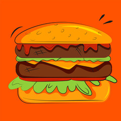 Hand-drawn large burger with srom patty and tomatoes. Fast food, delicious food, wallpaper, screensaver, cover, advertising, icon.