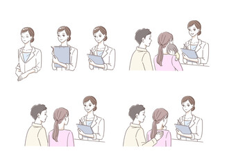 Fototapeta premium 女性看護師から説明を受ける若い夫婦のイラストセット